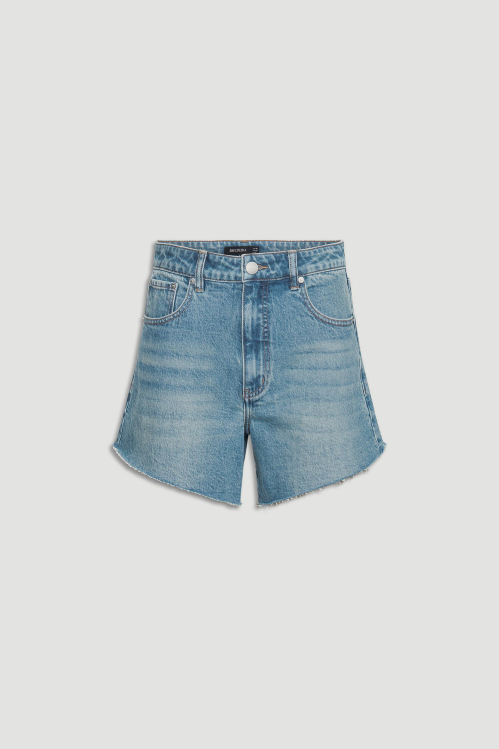 Light wash denim shorts with a high waist and subtle fade detailing, featuring a relaxed fit and raw hem edges.