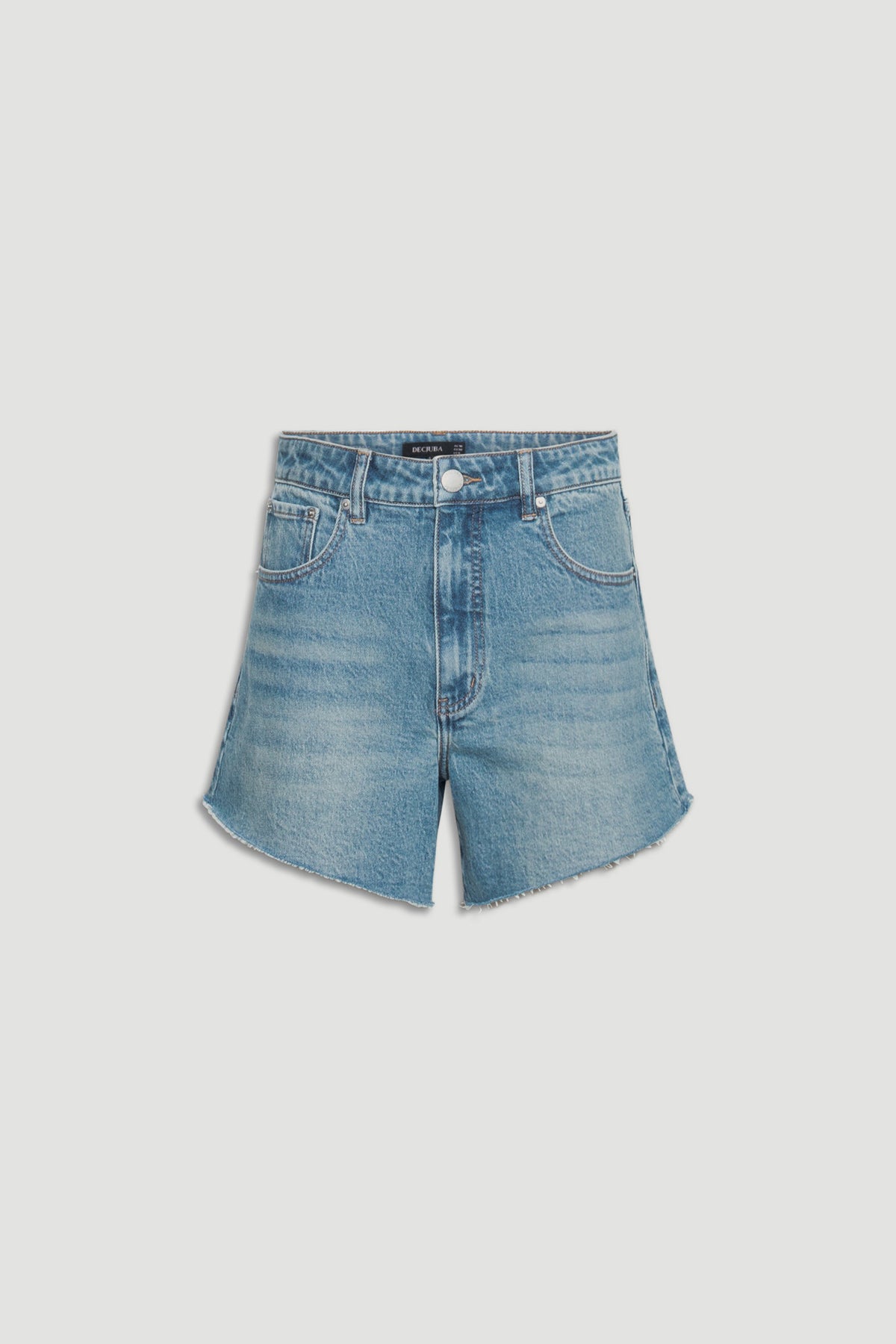 Light wash denim shorts with a high waist and subtle fade detailing, featuring a relaxed fit and raw hem edges.