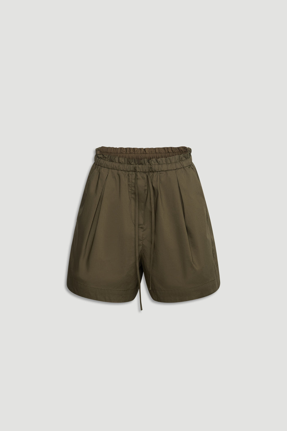 High-waisted khaki shorts with a relaxed fit and drawstring waist for comfortable, casual everyday wear.