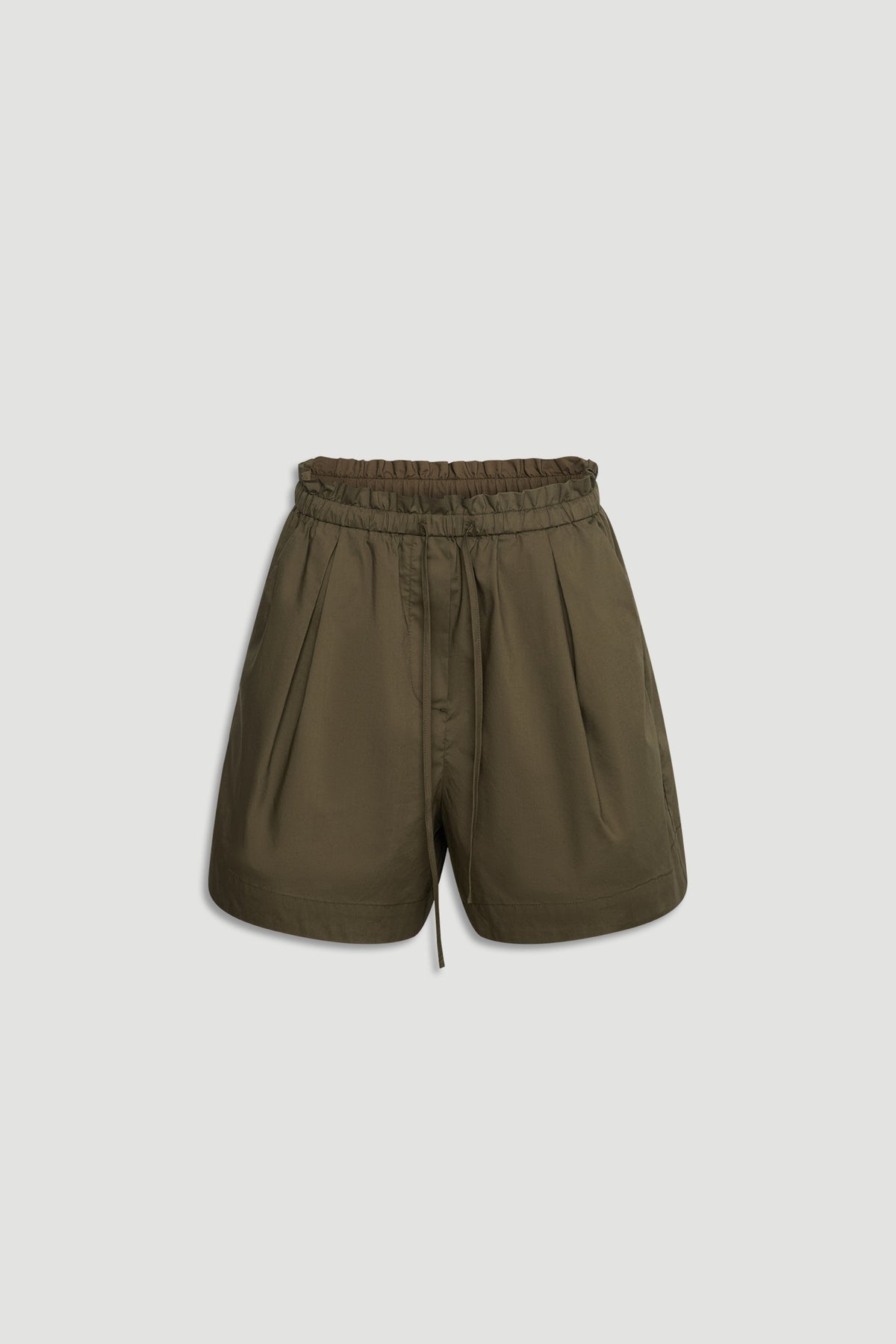 High-waisted khaki shorts with a relaxed fit and drawstring waist for comfortable, casual everyday wear.