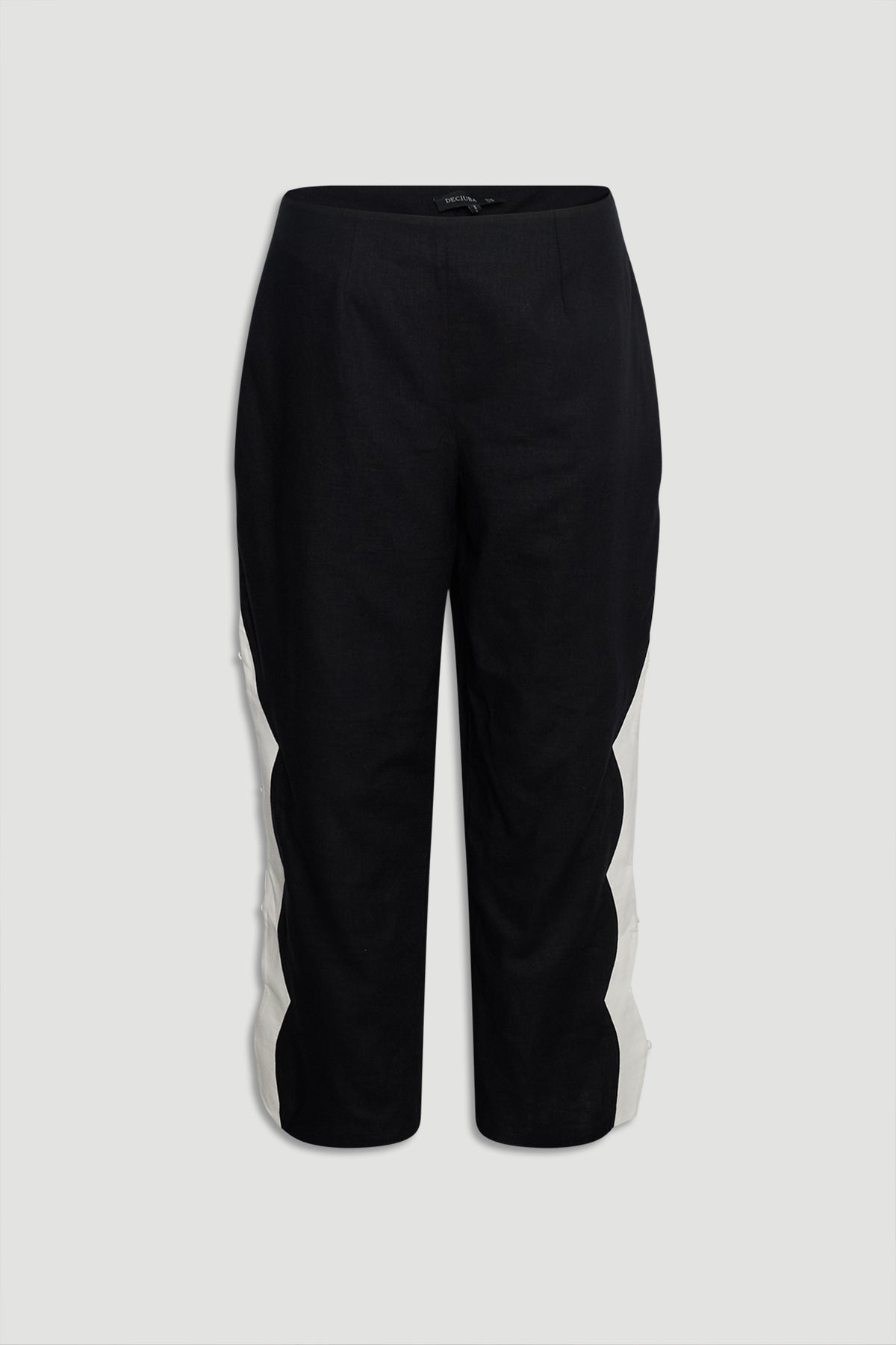 Tess Scallop Pant front view in gallery position 4 with black fabric and contrast white scalloped side panels.
