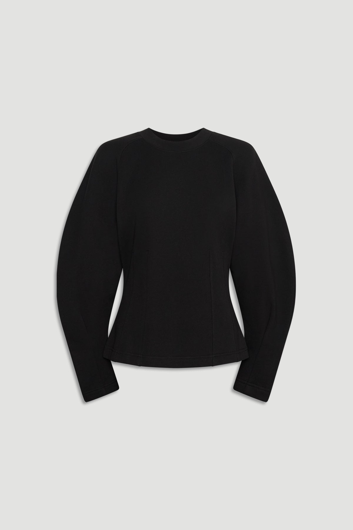 Black fitted long-sleeve sweatshirt with subtle cinched waist and slightly puffed sleeves for a modern silhouette