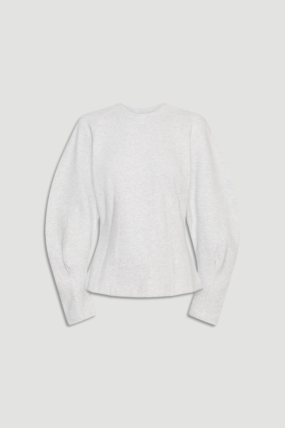 Light grey long-sleeve top with a cinched waist and puffed sleeves for a stylish, modern silhouette.