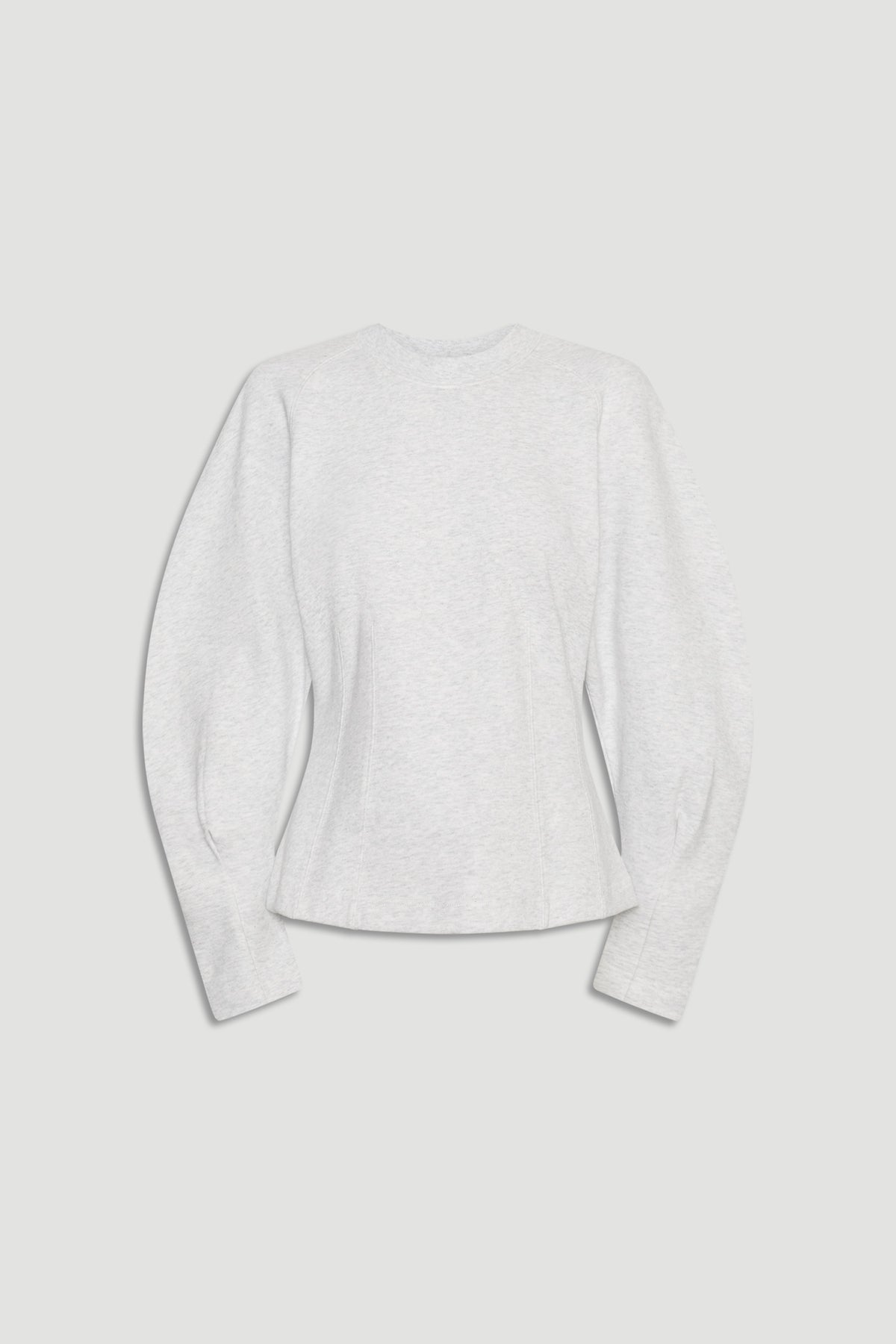 Light grey long-sleeve top with a cinched waist and puffed sleeves for a stylish, modern silhouette.