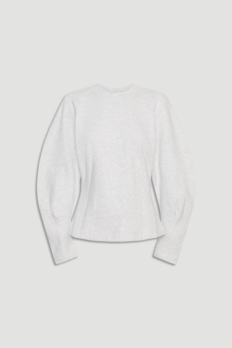 Light grey long-sleeve top with a cinched waist and puffed sleeves for a stylish, modern silhouette.