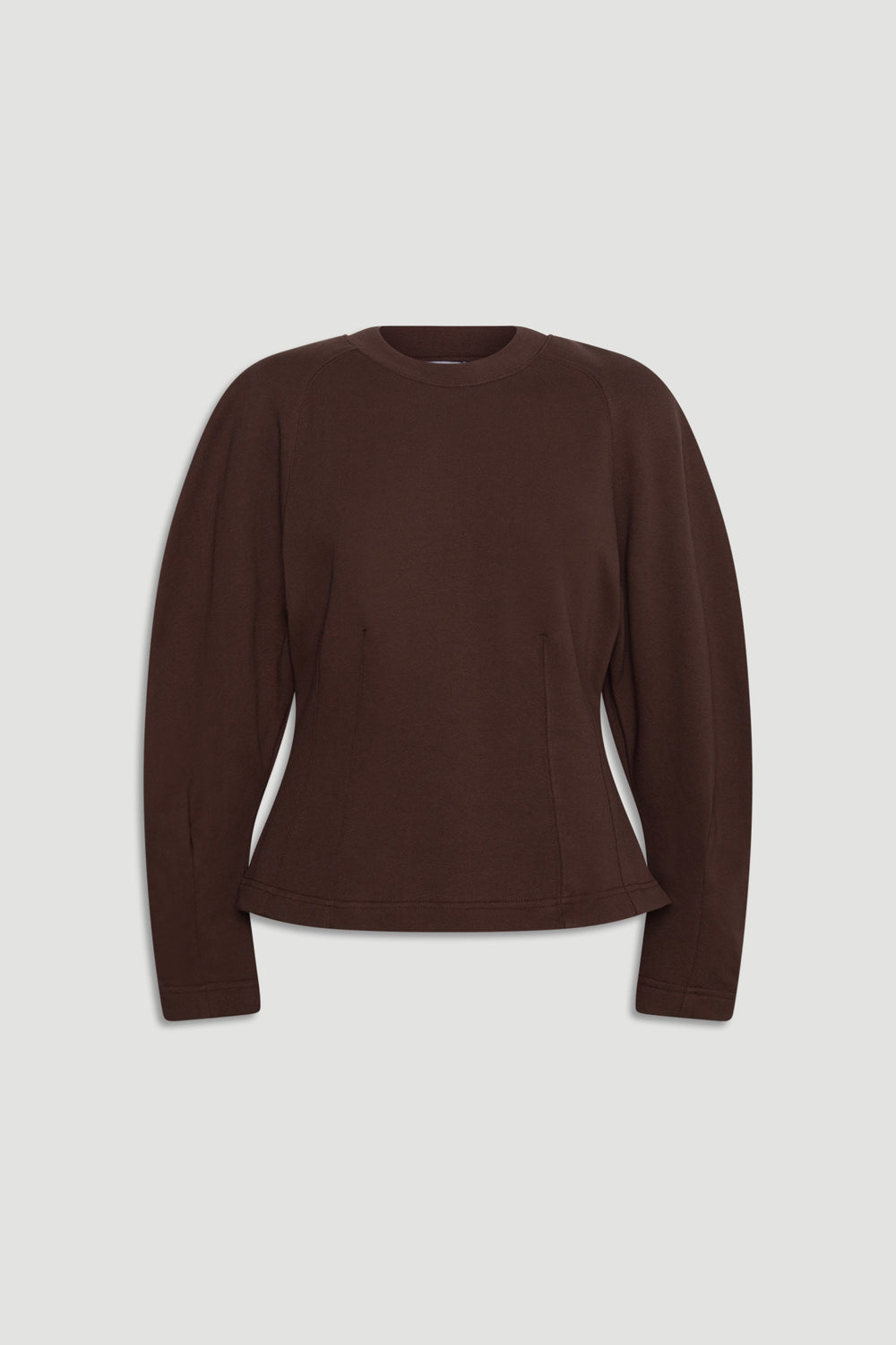 Dark brown long sleeve top with a cinched waist and structured silhouette for a polished casual look