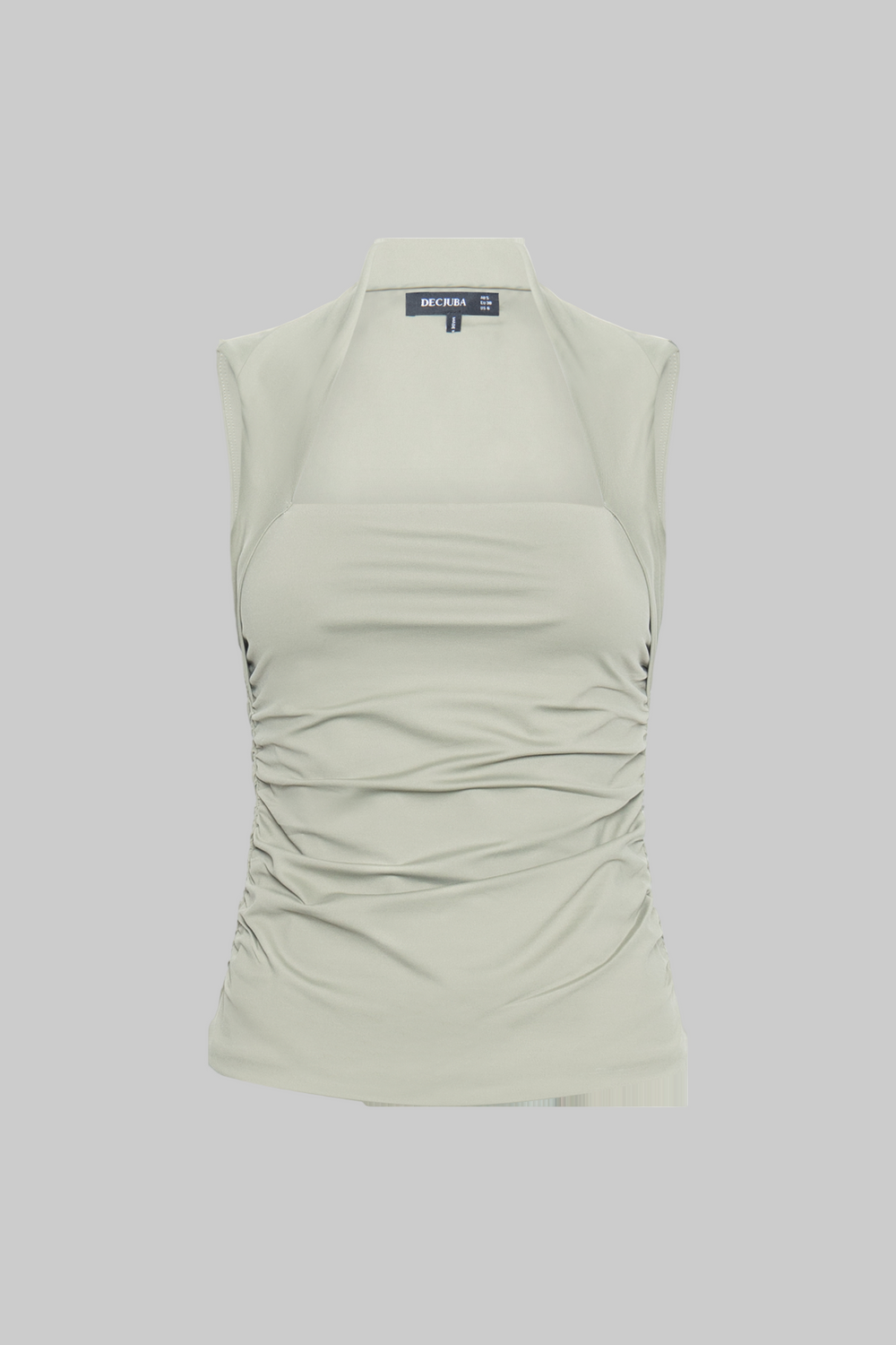 Sage green ruched sleeveless top with a square neckline and a subtle stretch fabric finish.