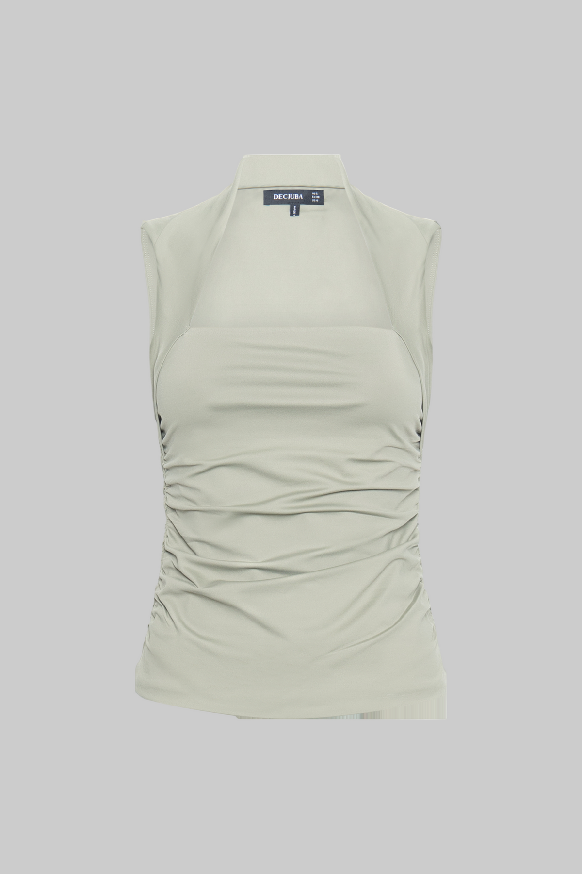 Sage green ruched sleeveless top with a square neckline and a subtle stretch fabric finish.