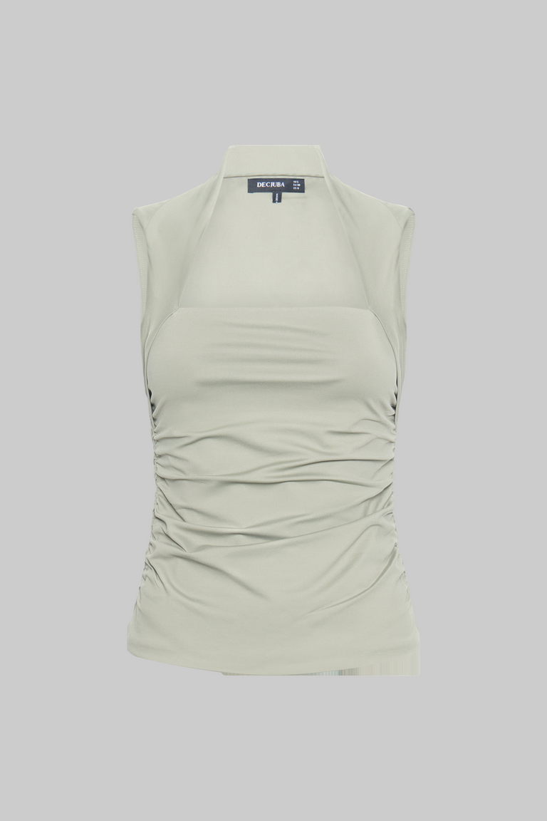 Sage green ruched sleeveless top with a square neckline and a subtle stretch fabric finish.