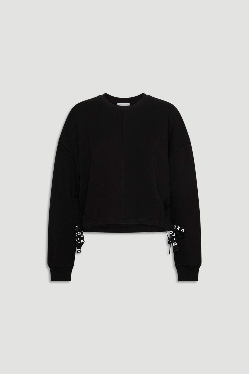 Black D-Luxe Ruched Terry Sweat with adjustable side ties and relaxed fit for a stylish, comfortable everyday look by DECJUBA.