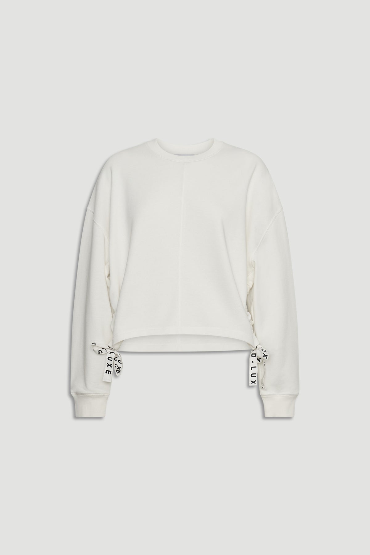 Ivory D-Luxe Ruched Terry Sweat with relaxed fit and branded side ties for a chic, comfortable style by DECJUBA.