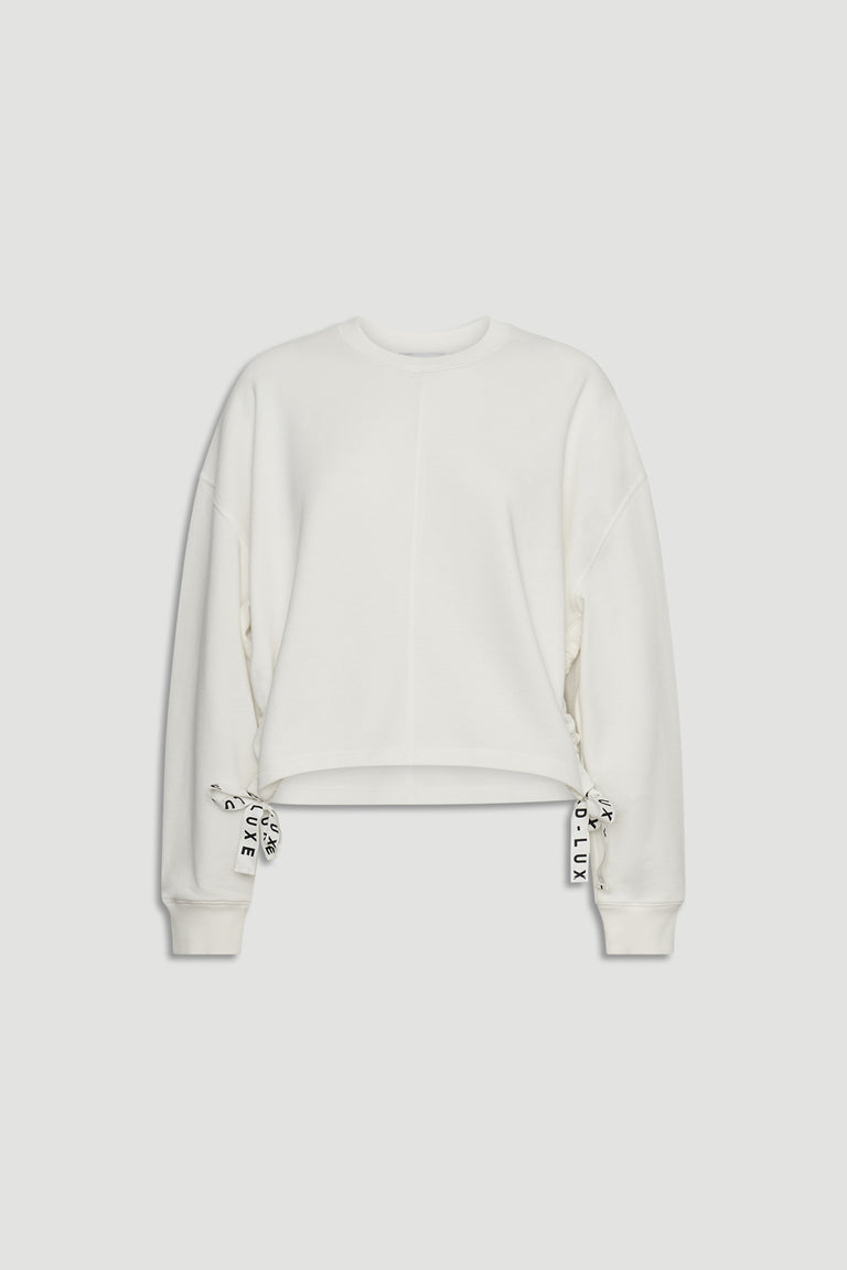 Ivory D-Luxe Ruched Terry Sweat with relaxed fit and branded side ties for a chic, comfortable style by DECJUBA.