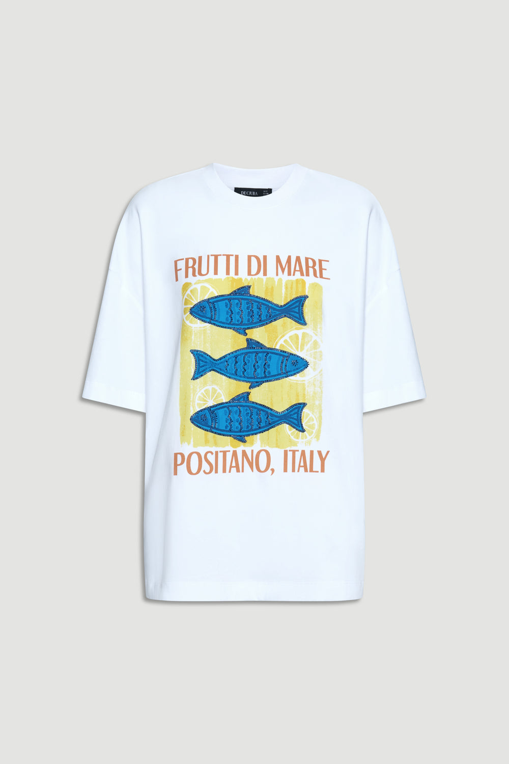 Coastal Beaded Tee with oversized fit, blue fish graphic and bead details, shown in gallery position 4, portrait orientation