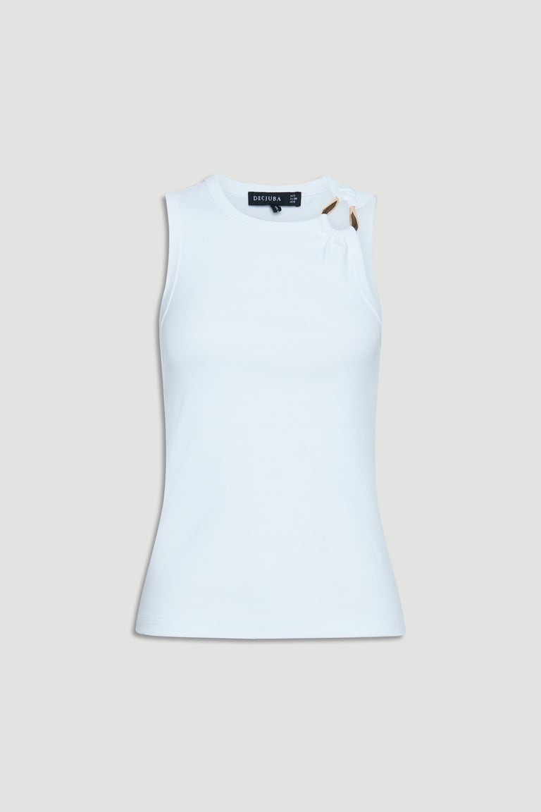 White sleeveless tank top with a subtle metal detail near the neckline, designed for everyday versatility.
