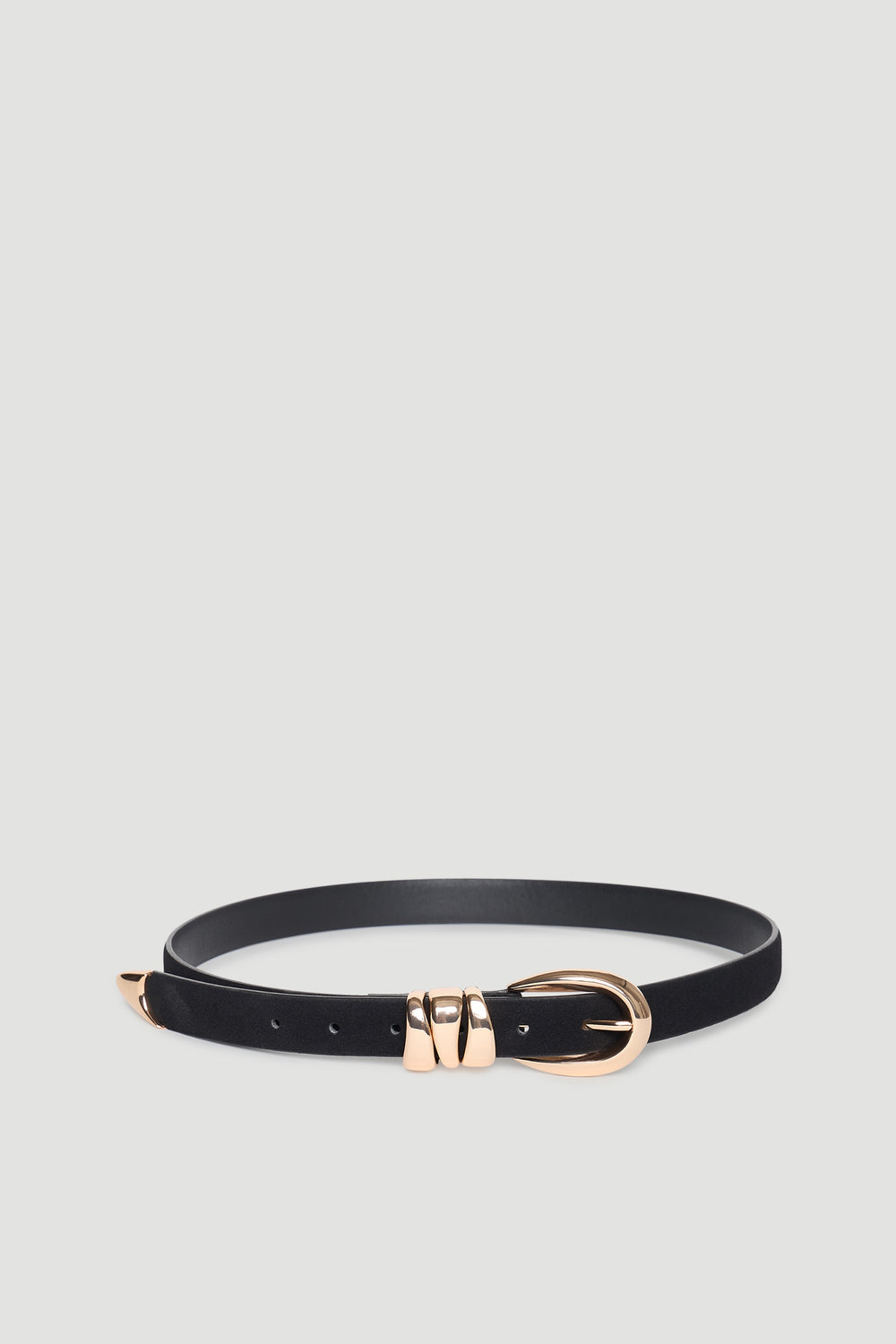 Black faux suede belt with gold-tone buckle and double loop detail, designed for versatile everyday style.