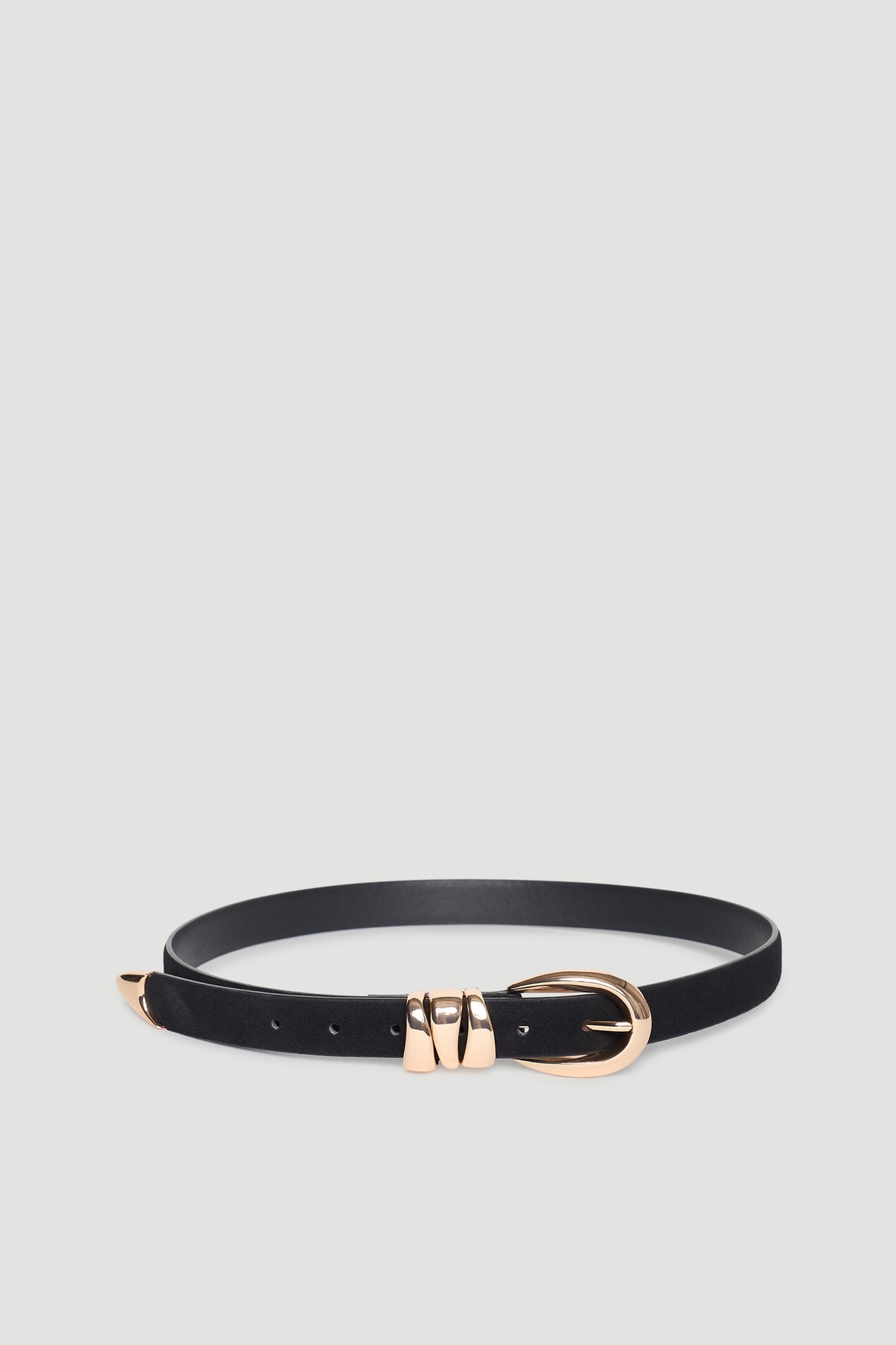 Black faux suede belt with gold-tone buckle and double loop detail, designed for versatile everyday style.