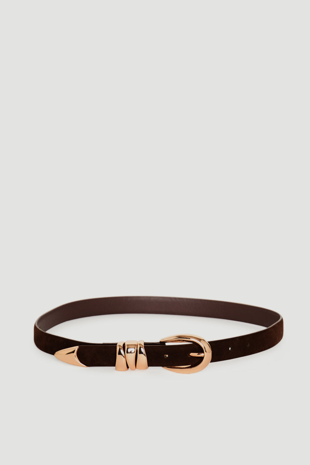 Olympia Faux Suede Belt in deep brown with polished gold-tone buckle and tip by DECJUBA Australian fashion brand
