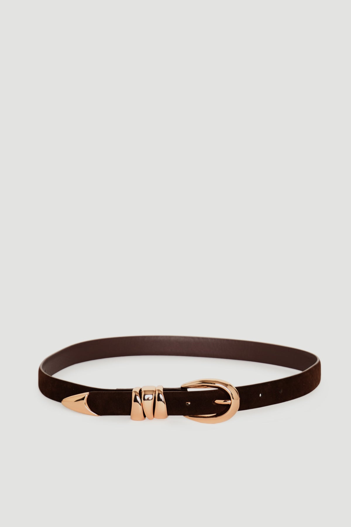 Olympia Faux Suede Belt in deep brown with polished gold-tone buckle and tip by DECJUBA Australian fashion brand