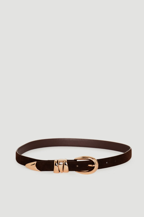 Olympia Faux Suede Belt in deep brown with polished gold-tone buckle and tip by DECJUBA Australian fashion brand