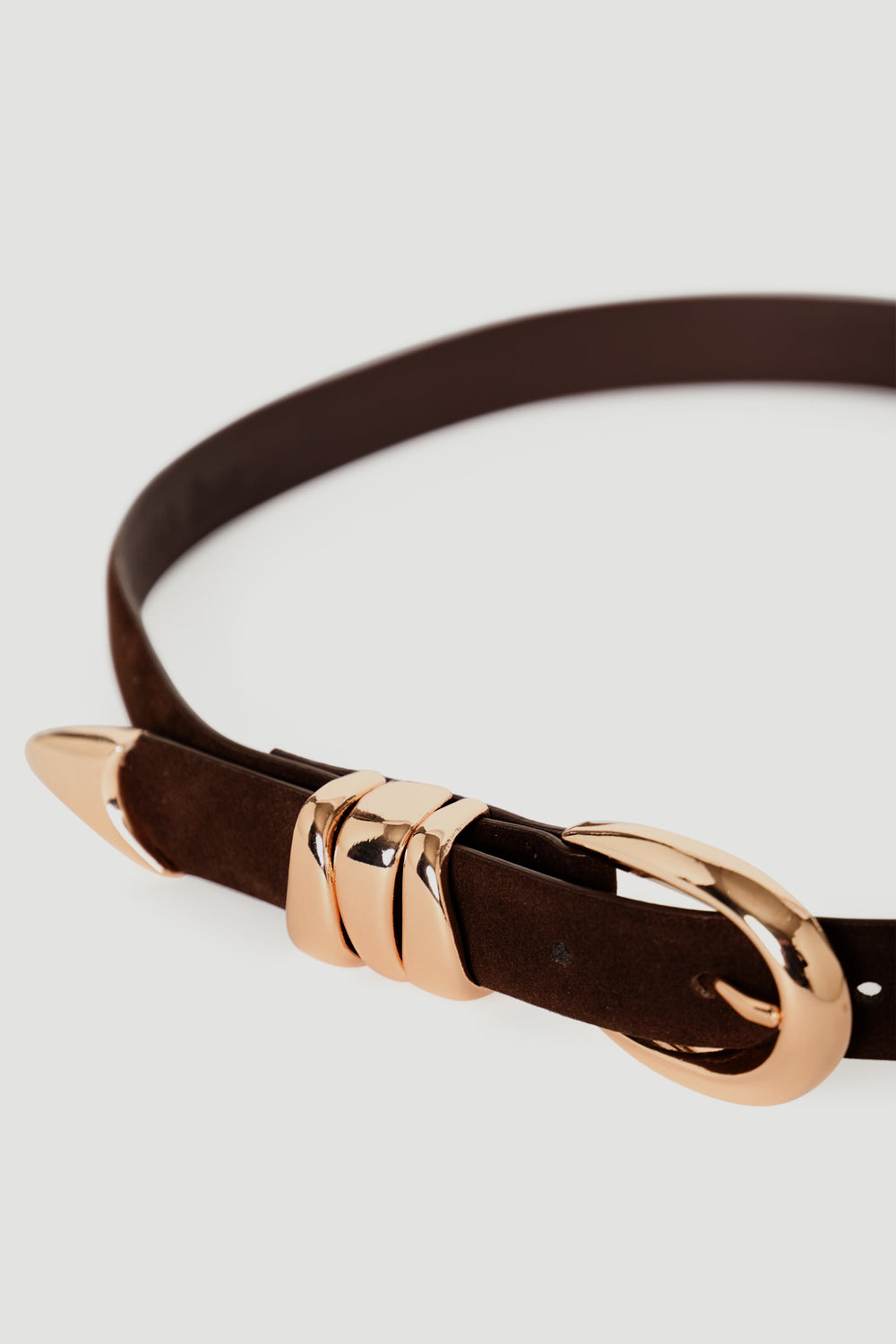 Olympia Faux Suede Belt in rich brown with shiny gold-tone buckle and accents, stylish accessory by DECJUBA Australian brand