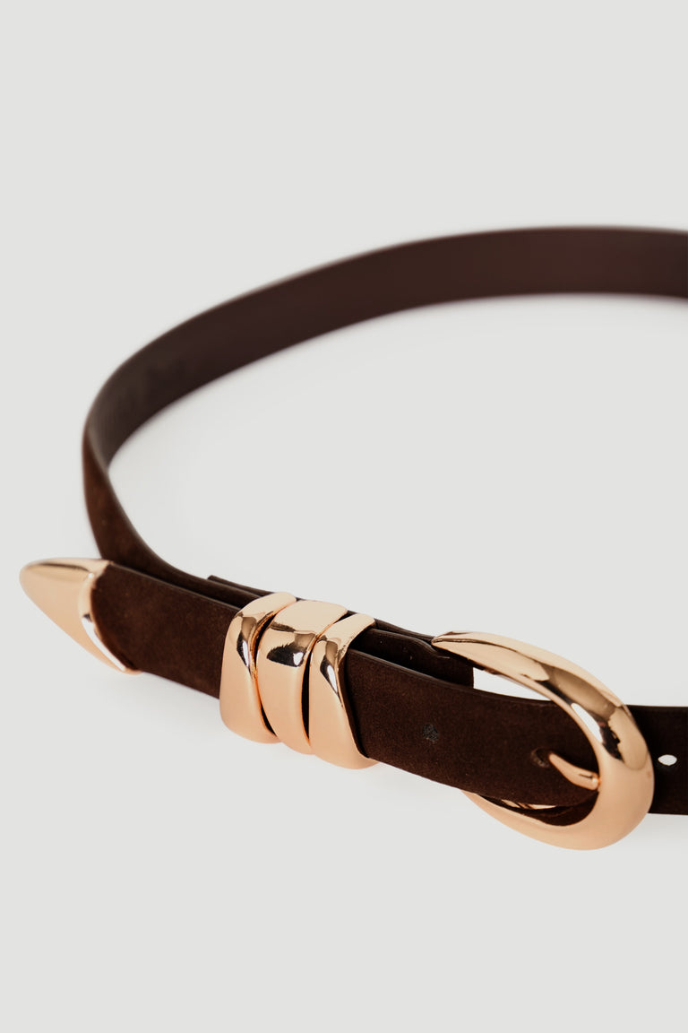 Olympia Faux Suede Belt in rich brown with shiny gold-tone buckle and accents, stylish accessory by DECJUBA Australian brand