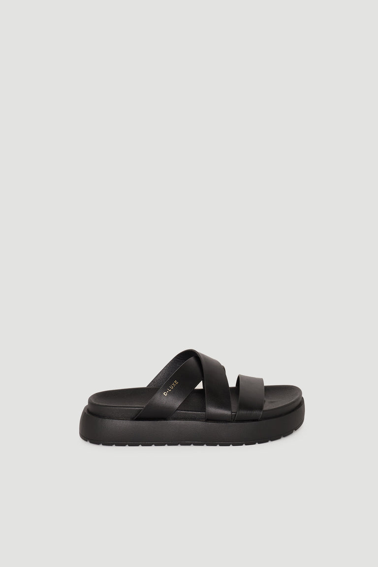 Black platform sandal featuring wide crossover straps and a cushioned sole for easy, stylish comfort.