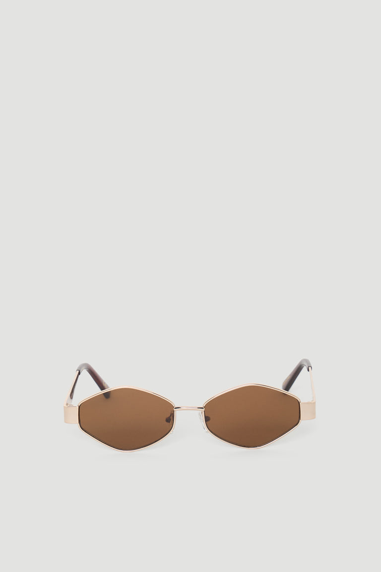 Hexagon-shaped sunglasses featuring warm brown lenses and slim metallic frames with matching brown arms