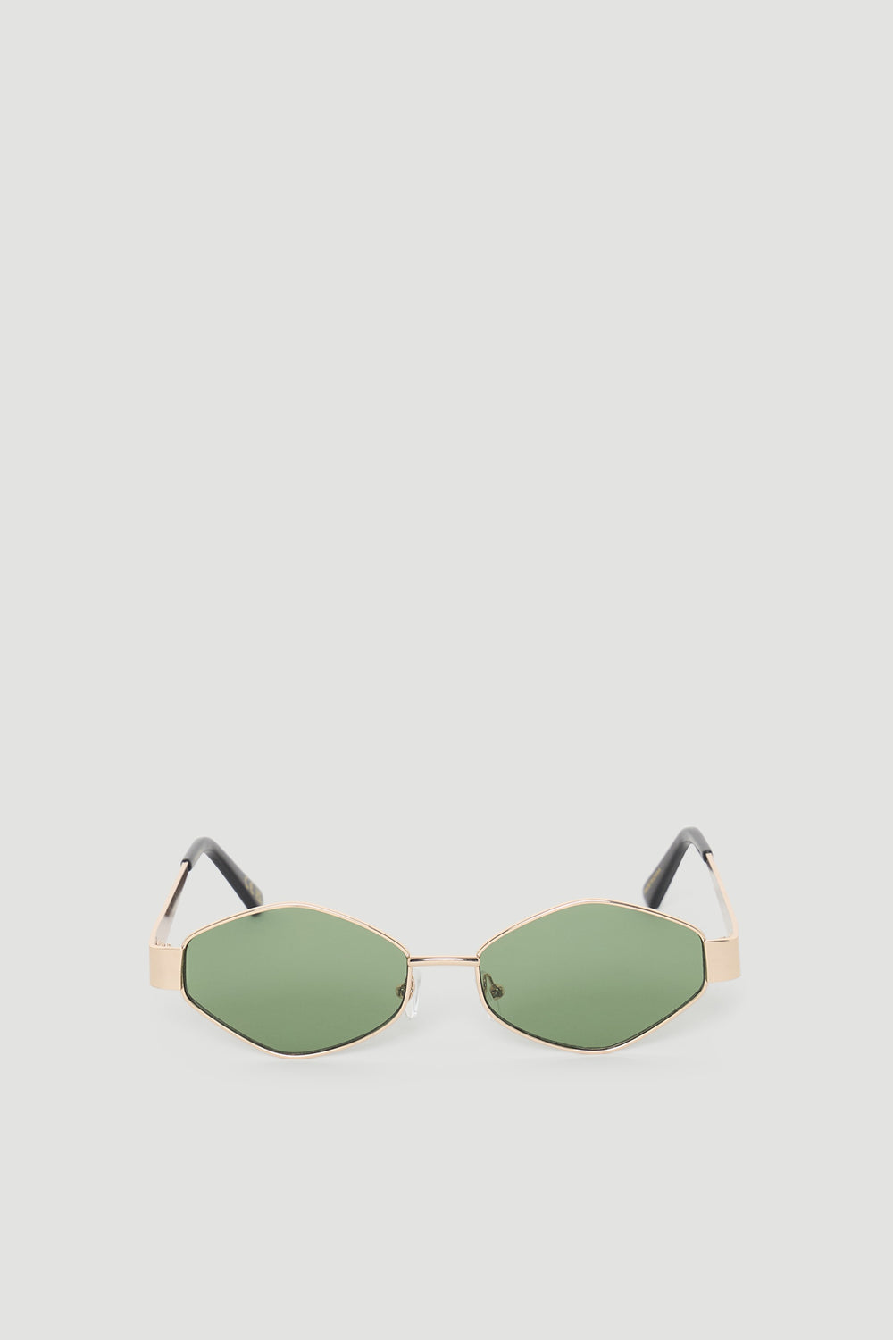 Gold-tone framed sunglasses featuring unique hexagon-shaped green lenses with black temple tips for a modern look