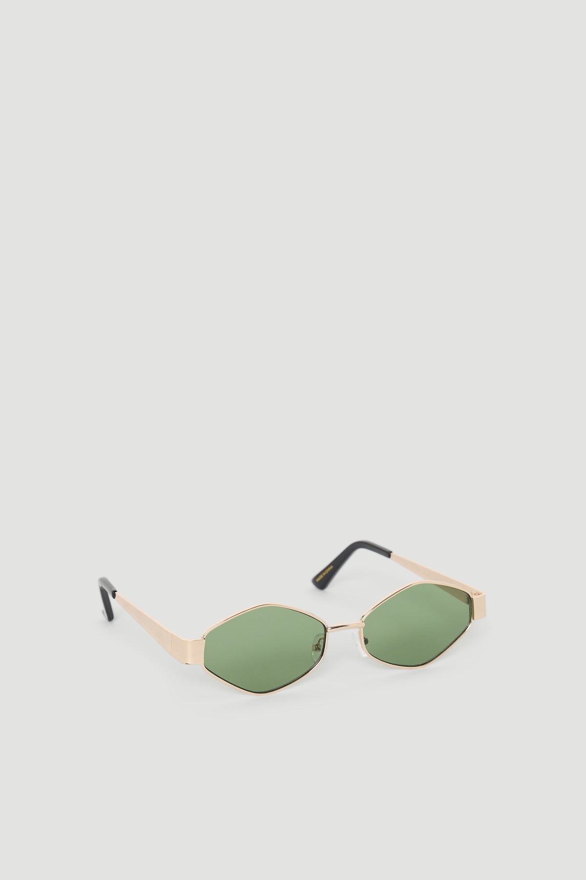 Sleek hexagon-shaped sunglasses with gold-tone frames and green tinted lenses for a stylish, modern look.