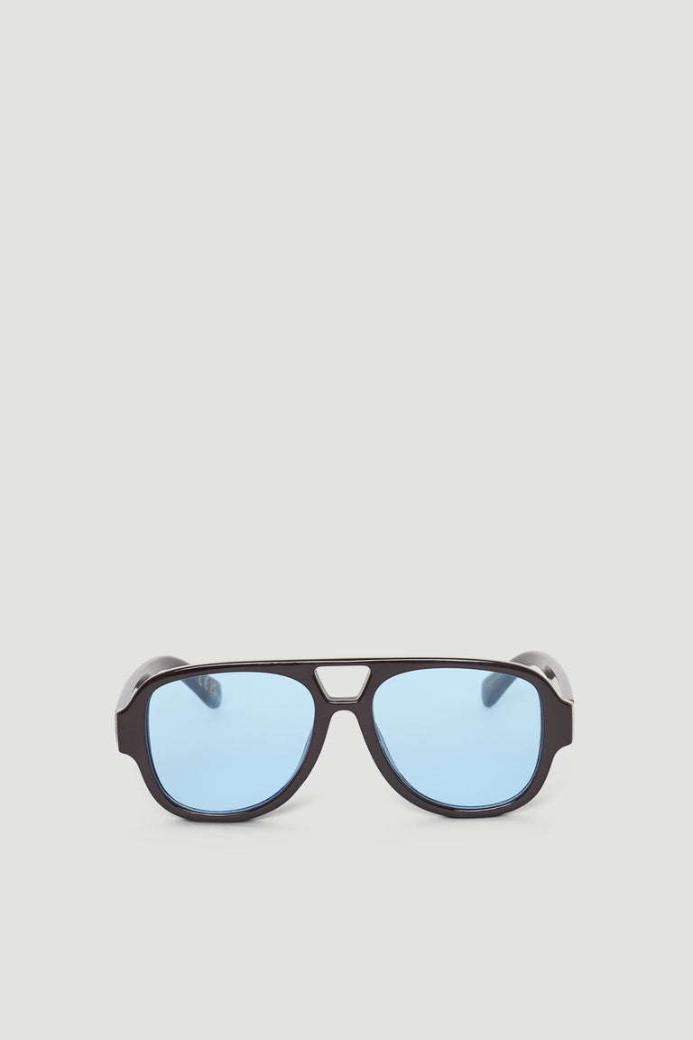 Aviator style sunglasses with a bold dark frame and soft blue lenses for a modern, stylish look.