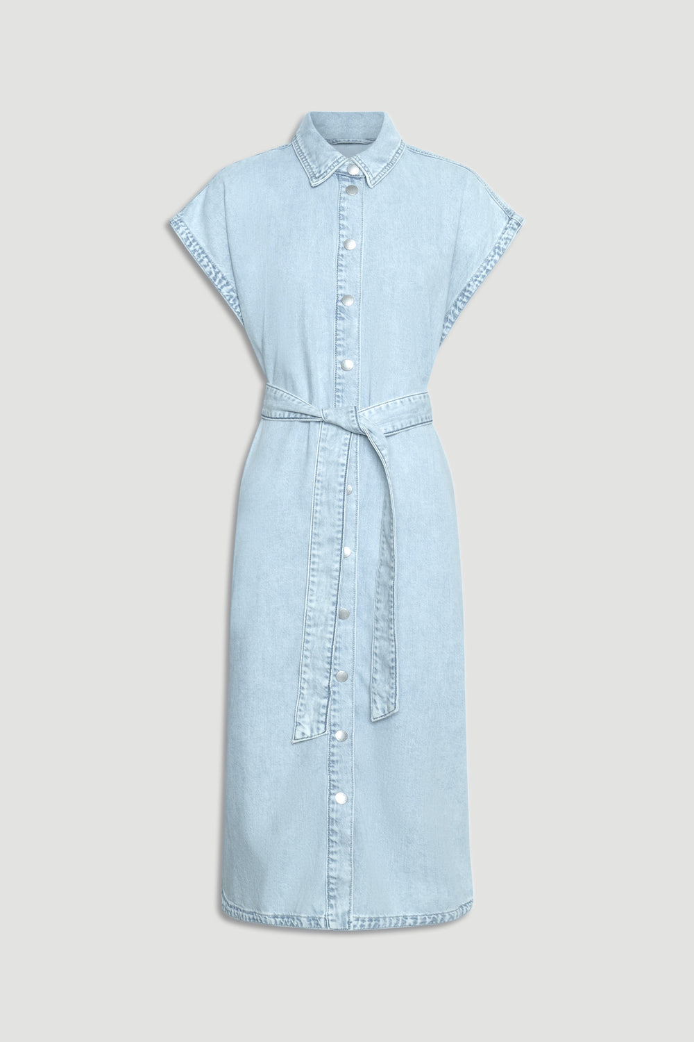 Light blue button-front denim maxi dress with short sleeves and a matching waist tie for a relaxed yet polished look.