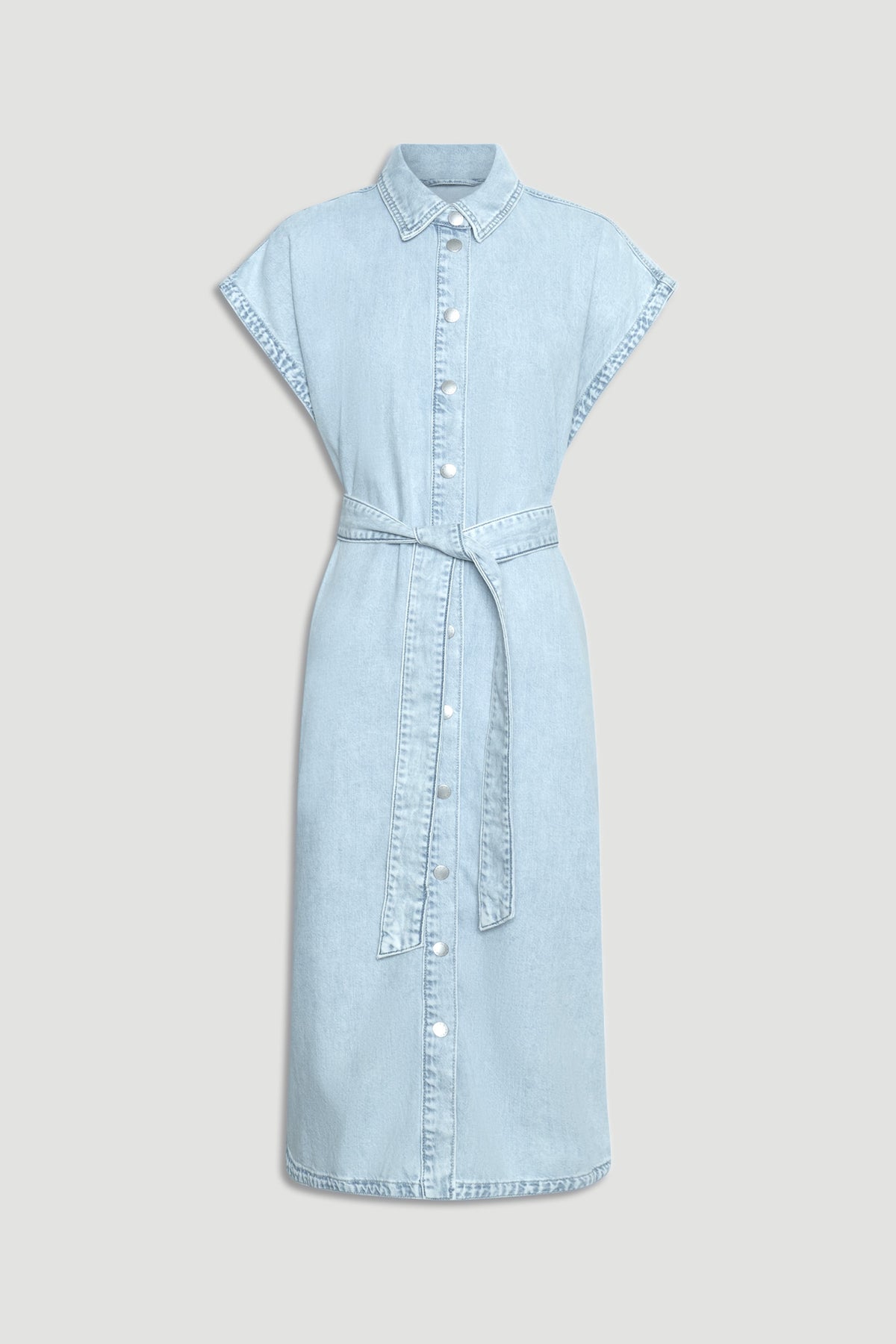 Light blue button-front denim maxi dress with short sleeves and a matching waist tie for a relaxed yet polished look.