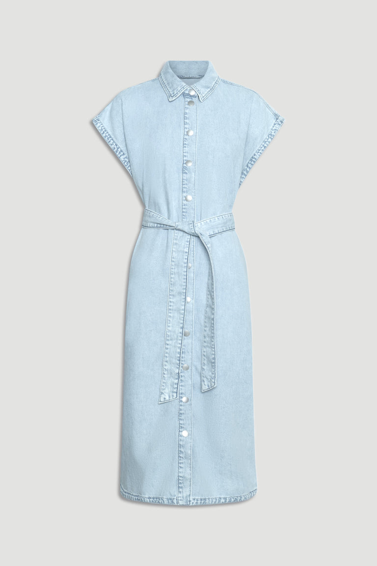 Light blue button-front denim maxi dress with short sleeves and a matching waist tie for a relaxed yet polished look.