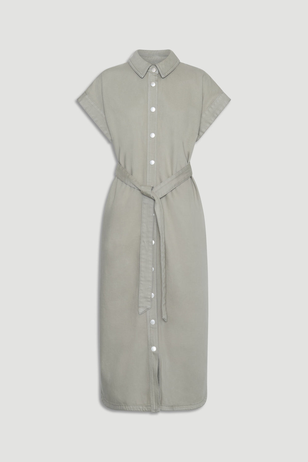 Sleeveless maxi dress in thyme green with button front and belted waist for a relaxed yet polished look