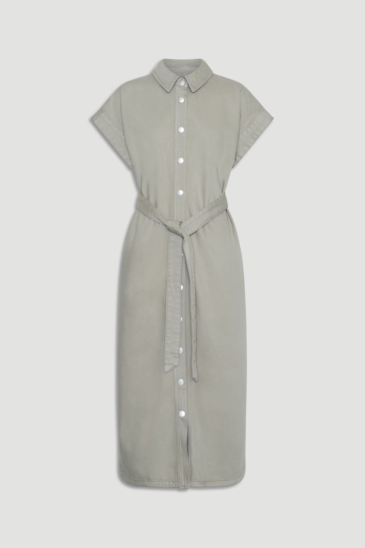 Sleeveless maxi dress in thyme green with button front and belted waist for a relaxed yet polished look