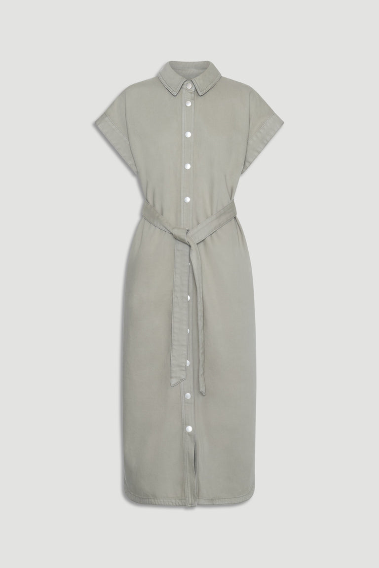 Sleeveless maxi dress in thyme green with button front and belted waist for a relaxed yet polished look