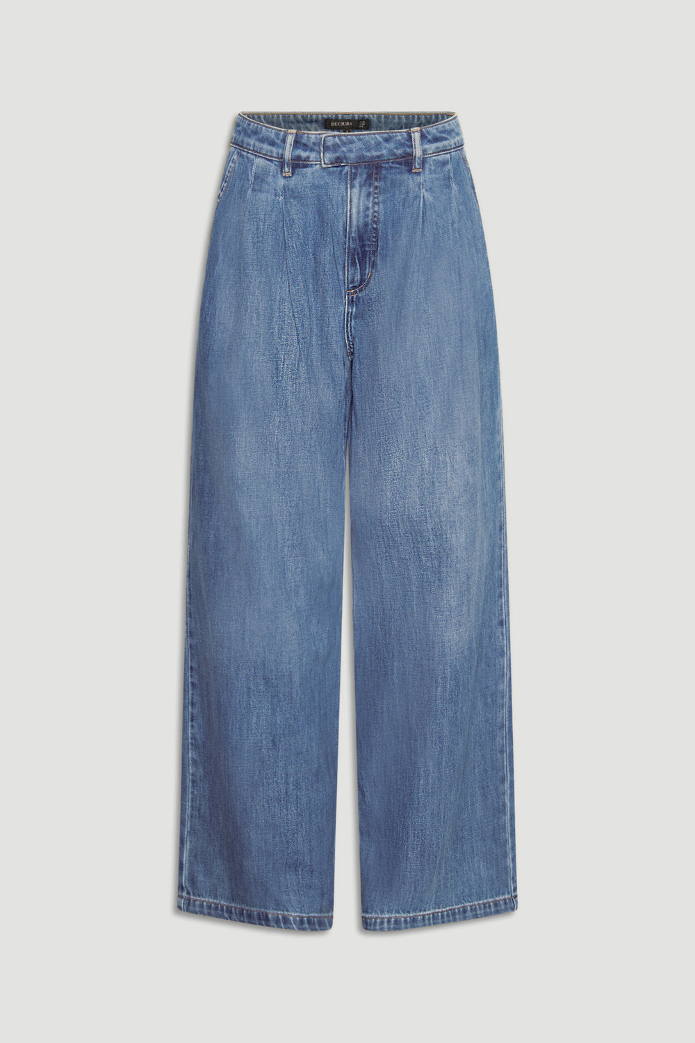 Wide-leg blue denim jeans with front pleats and belt loops, designed for a relaxed and stylish fit.