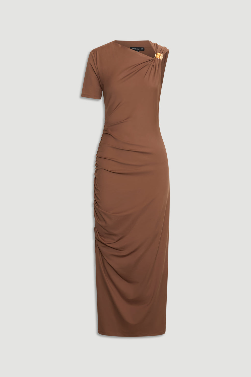 Brown midi dress with short sleeves featuring side ruching and a subtle metallic accent at the neckline.