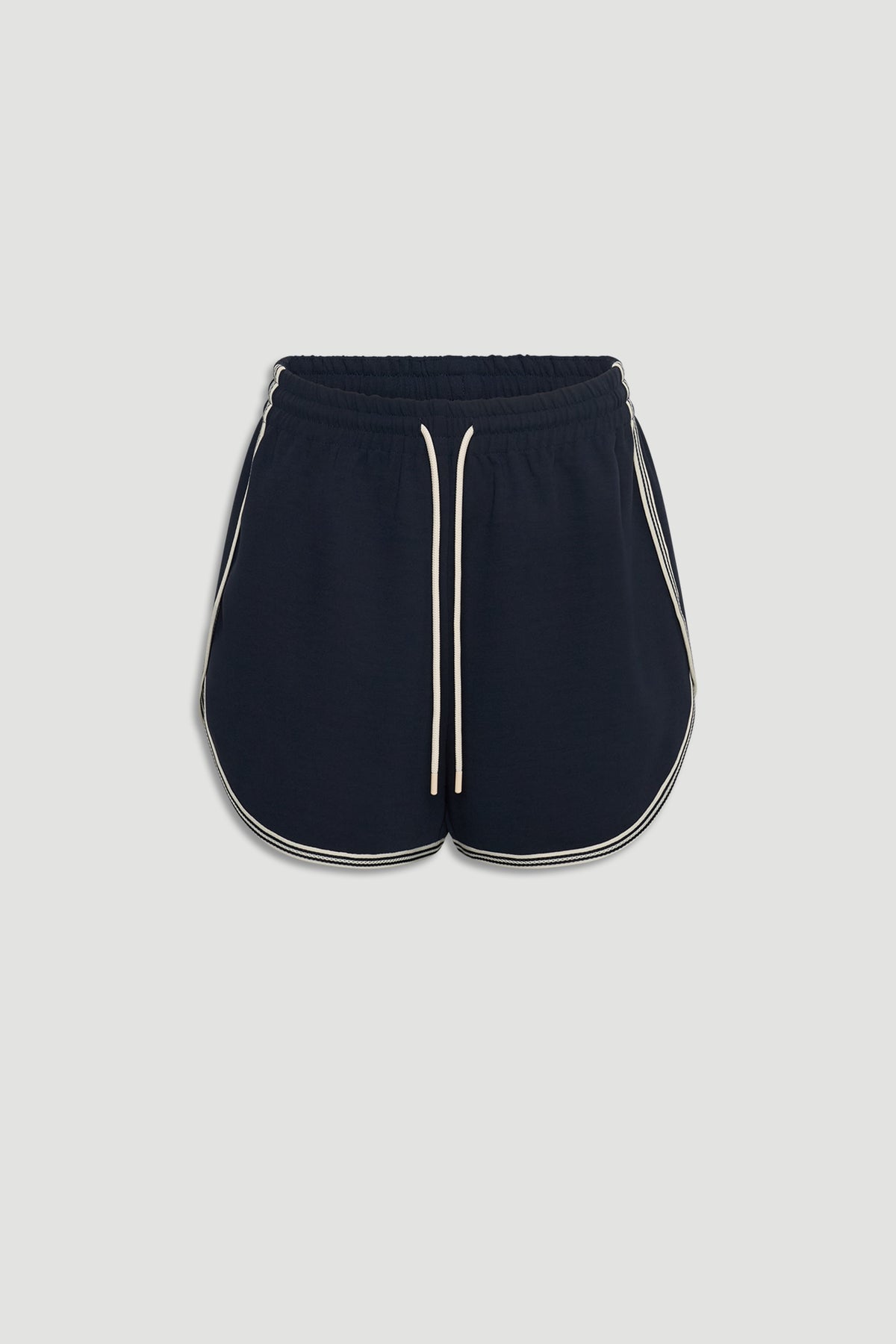 Navy runner-style shorts with contrast white racer stripes and adjustable drawstring waist for casual comfort.