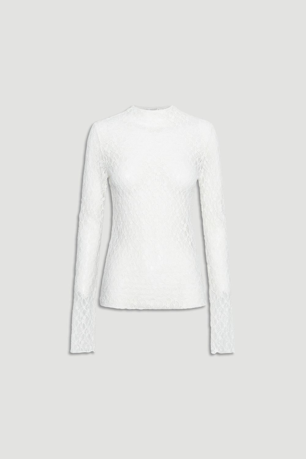 White fitted long sleeve top with delicate lace texture and a subtle high neckline for elegant layering