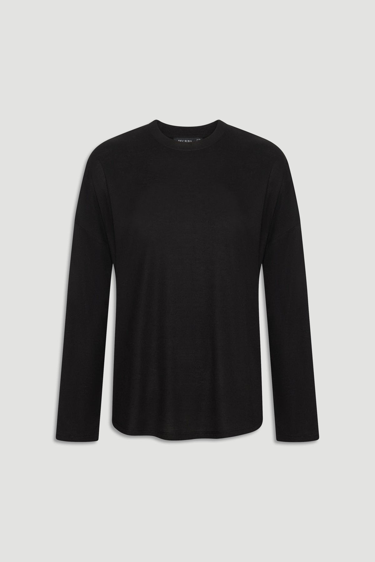 Minimalist black ribbed long sleeve top with a crew neckline and relaxed fit for versatile layering.