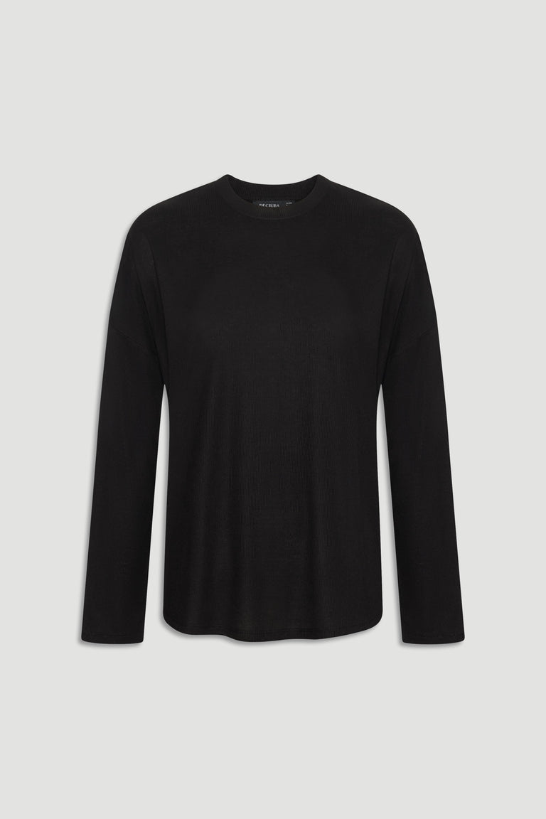 Minimalist black ribbed long sleeve top with a crew neckline and relaxed fit for versatile layering.
