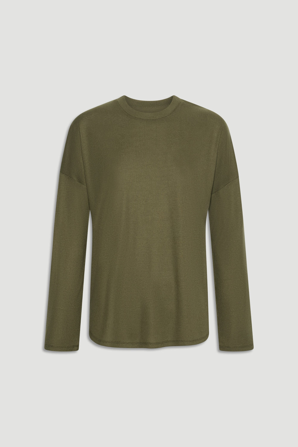Soft fern green long sleeve ribbed top with relaxed fit and crew neckline for versatile everyday layering