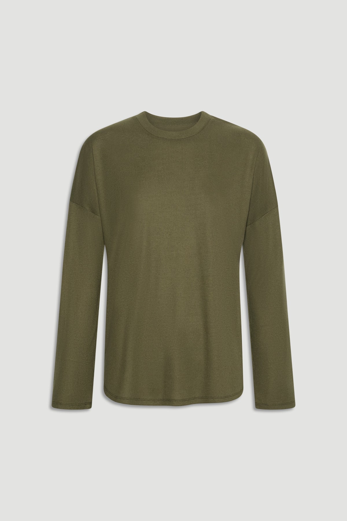 Soft fern green long sleeve ribbed top with relaxed fit and crew neckline for versatile everyday layering
