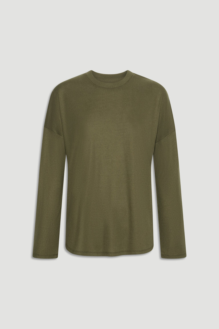 Soft fern green long sleeve ribbed top with relaxed fit and crew neckline for versatile everyday layering