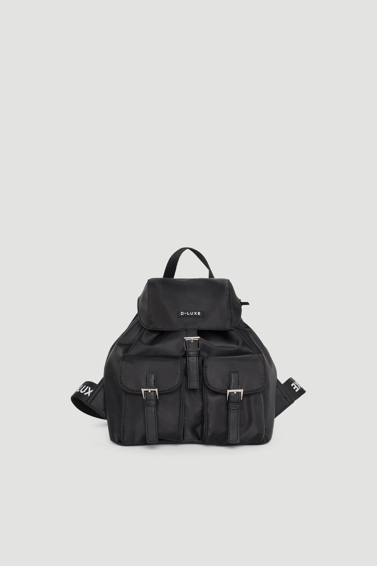 Compact black backpack with front buckle pockets and branded straps, designed for stylish everyday use.