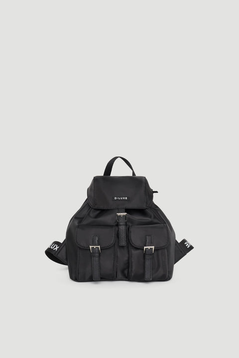Compact black backpack with front buckle pockets and branded straps, designed for stylish everyday use.