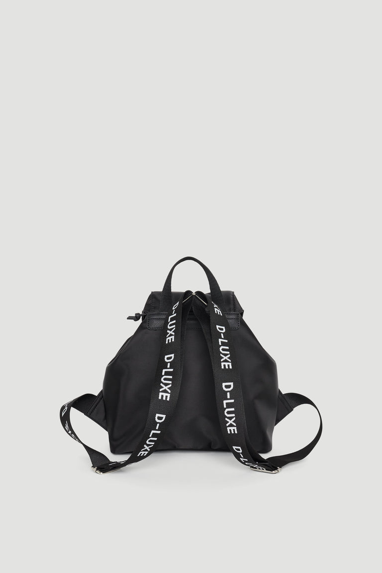 Black stylish backpack with branded straps, featuring a sleek, modern design for versatile everyday use.