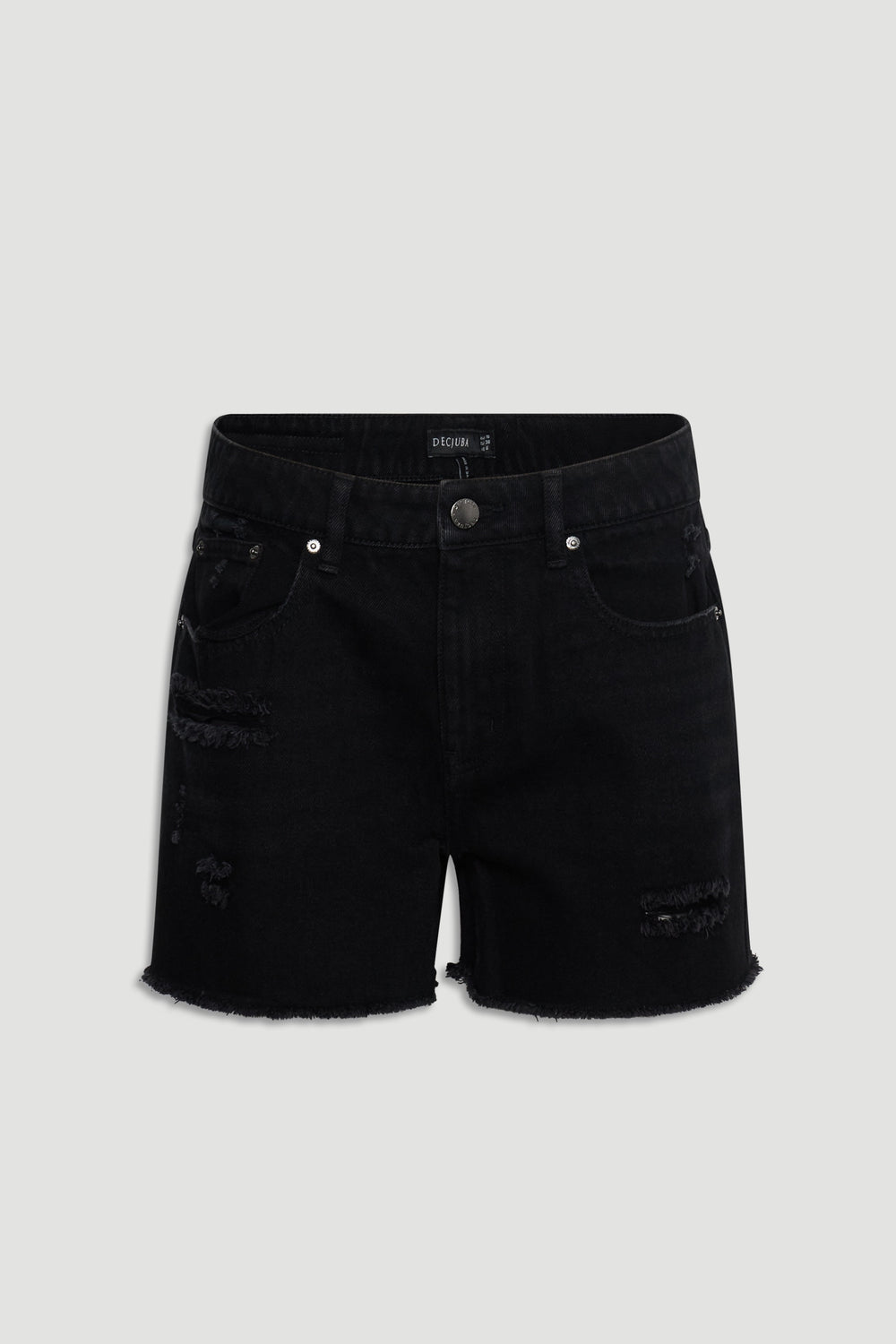 Black denim shorts with distressed detailing and raw hem for a laid-back, versatile style.