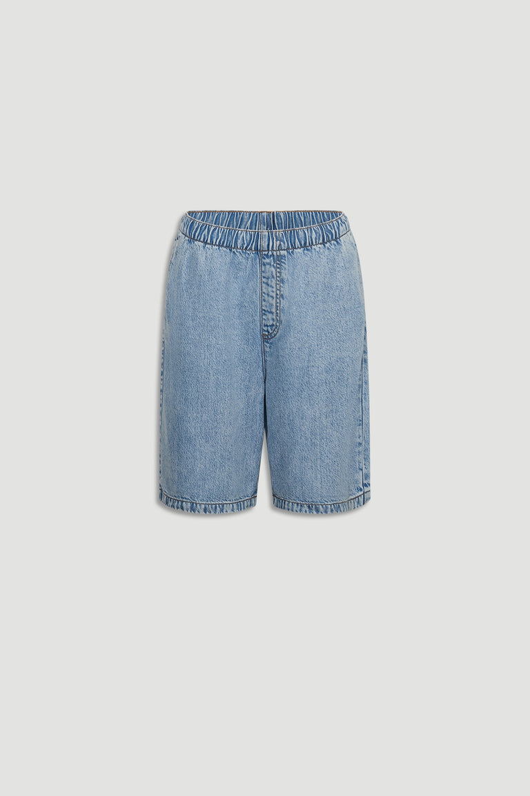 Light blue denim shorts with an elastic waistband for a relaxed, comfortable fit and timeless casual style.